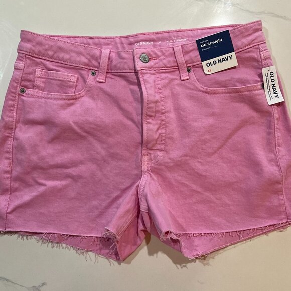 OLD NAVY Women’s High-Rise OG Straight Denim Shorts Frayed Hem Sz 12 - Pink NWT - Picture 1 of 3